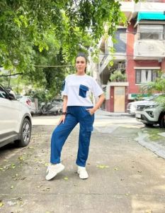 Ladies White & Teal Blue Polyester Co-Ord Set