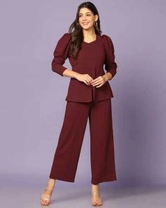 Ladies Wine Poly Cotton Co-Ord Set