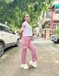 Ladies White & Link Pink Polyester Co-Ord Set