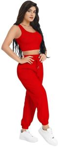 Ladies Red Crop Top & Joggers Set