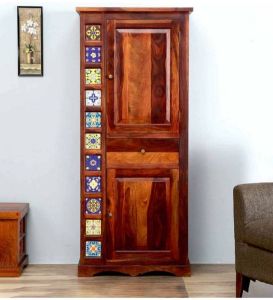 Handcrafted Sheesham Wood Armoire with Tile Accents