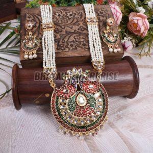Grand Kundan & Meenakari Peacock Necklace Set with Pearl Chains Grand Kundan & Meenakari Peacock Necklace Set with Pearl Chains