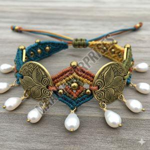 Bohemian Brass & Thread Bracelet with Pearl Drops