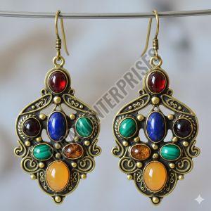Brass Earrings with Colored Stones