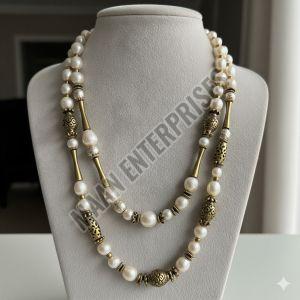 Long Pearl & Brass Beaded Necklace