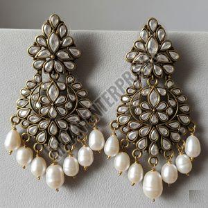 Polki Style Brass & Pearl Drop Earrings