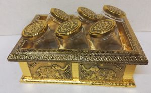 Antique Style Embossed Golden Tray with Six Glass Jar