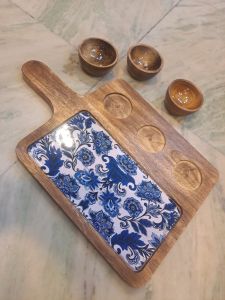 Blue Floral Wooden Serving Platter Set with 3 Bowl