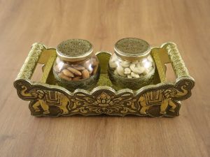 Decorative Golden Brass Mukhwas Tray with 2 Glass Jar
