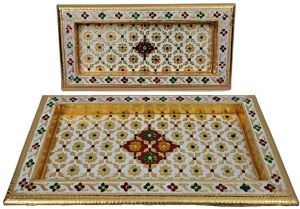 Handcrafted Wooden Meenakari Serving Tray Set