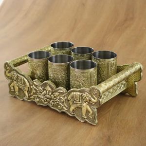 Oxidized Decorative Serving Tray with 6 Glass Set