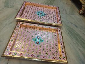 Pink Handcrafted Wooden Meenakari Serving Tray Set