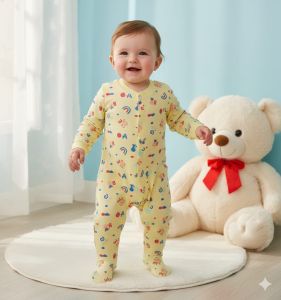 Baby Yellow Printed Cotton Full Sleeve Comfort Sleepsuit