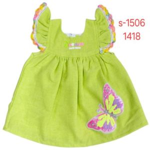 Baby Girl Green Cotton Butterfly Applique Frock