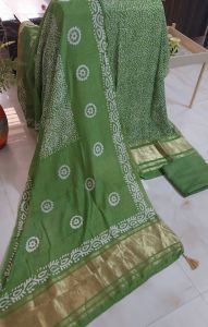 Parrot Green Pure Gajji Silk Unstitched Suits with Ajrakh Print Bottom Dupatta