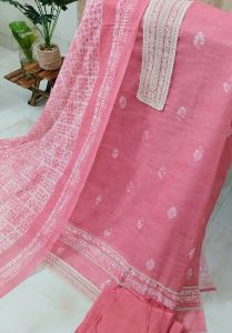 Cotton Linen Printed Unstitched Suit with Embroidery Patch Bottom Cotton Rayon Dupatta