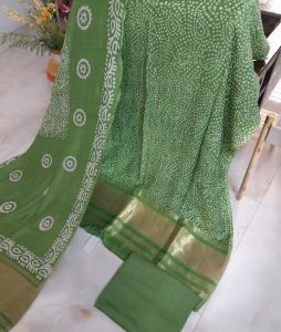 Parrot Green Pure Gajji Silk Unstitched Suits with Ajrakh Print Bottom Dupatta