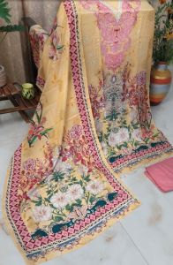 Pure Crepe Unstitched Suits with Heavy Bottom Dupatta