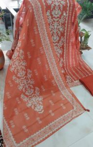 Rust Orange Pure Chanderi Mal Cotton Digital Printed Embellished Unstitched Suit