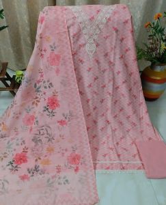 Cotton Linen Printed Unstitched Suit with Embroidery Bottom Cotton Rayon Dupatta