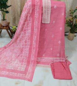 Cotton Linen Printed Unstitched Suit with Embroidery Patch Bottom Cotton Rayon Dupatta