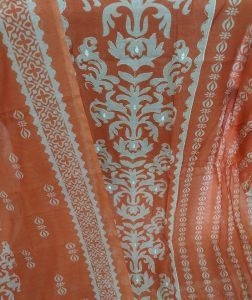 Rust Orange Pure Chanderi Mal Cotton Digital Printed Embellished Unstitched Suit