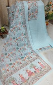 Muga Cotton Print Unstitched Suit with Madhubani Print Bottom Pure Cotton Dupatta