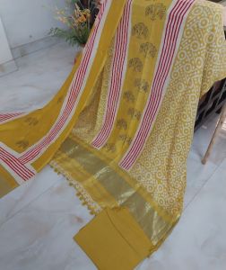 Pure Gajji Silk Unstitched Suits with Ajrakh Print Bottom Dupatta