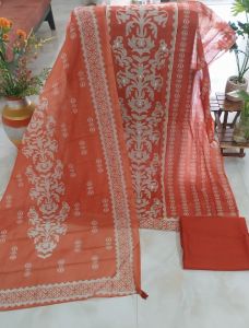 Rust Orange Pure Chanderi Mal Cotton Digital Printed Embellished Unstitched Suit