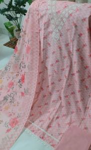 Cotton Linen Printed Unstitched Suit with Embroidery Bottom Cotton Rayon Dupatta