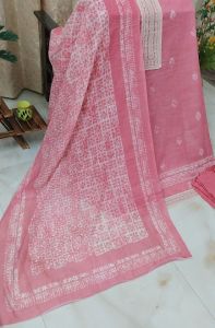 Cotton Linen Printed Unstitched Suit with Embroidery Patch Bottom Cotton Rayon Dupatta