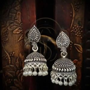 Oxidized Silver Jhumka Earring with White Faux Pearls