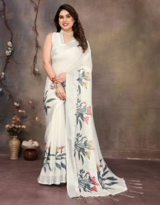 White Digital Print Cotton Linen Saree