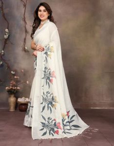 White Digital Print Cotton Linen Saree