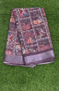 Multicolor Digital Print Cotton Linen Saree