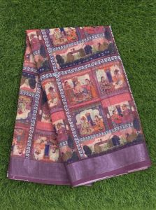 Multicolor Digital Print Cotton Linen Saree