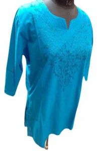 Blue Split Neck Cotton Short Kurti