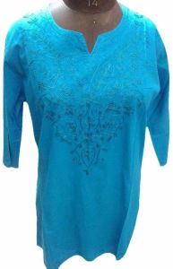 Blue Split Neck Cotton Short Kurti