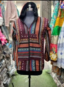 Handmade Gheri Fabric Zip Fleeece Hooded Jacket