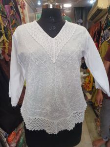 White Cotton V Neck Embroidered Short Kurti