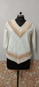 White Jute V Neck Embroidered Short Kurti