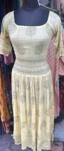 Yellow Printed Ladies Long Dress