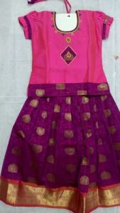 Kids Magenta Pink Cotton Pattu Pavadai Set