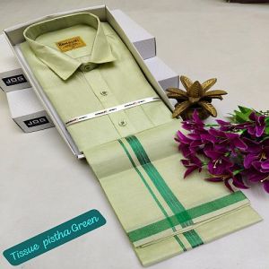 Tissue Pista Green Shirt And Dhoti Matching Set