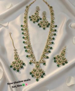 New Shadow Mala Bridal Necklace Set with Green Stones, Earrings &AMP; Maang Tikka | Imitation Kundan Jew