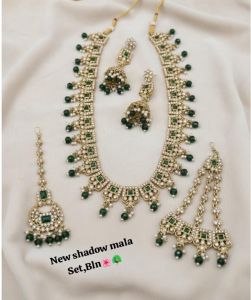 New Shadow Mala Bridal Necklace Set with Green Stones, Earrings &AMP; Maang Tikka | Imitation Kundan Jew