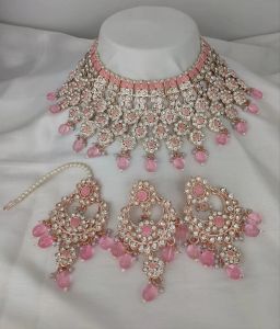 Pink Stone Bridal Choker Necklace Set with Earrings &AMP; Maang Tikka | Rose Gold Imitation Kundan Jewel