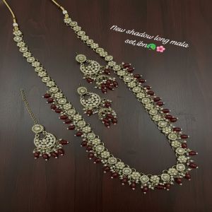 Elegant Shadow Long Mala Set with Maroon Drops