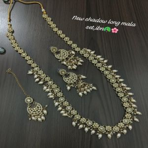 Elegant Shadow Long Mala Set with Maroon Drops