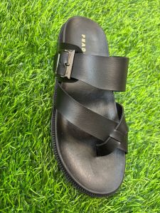 Mens Black Cross Strap Leather Sandal